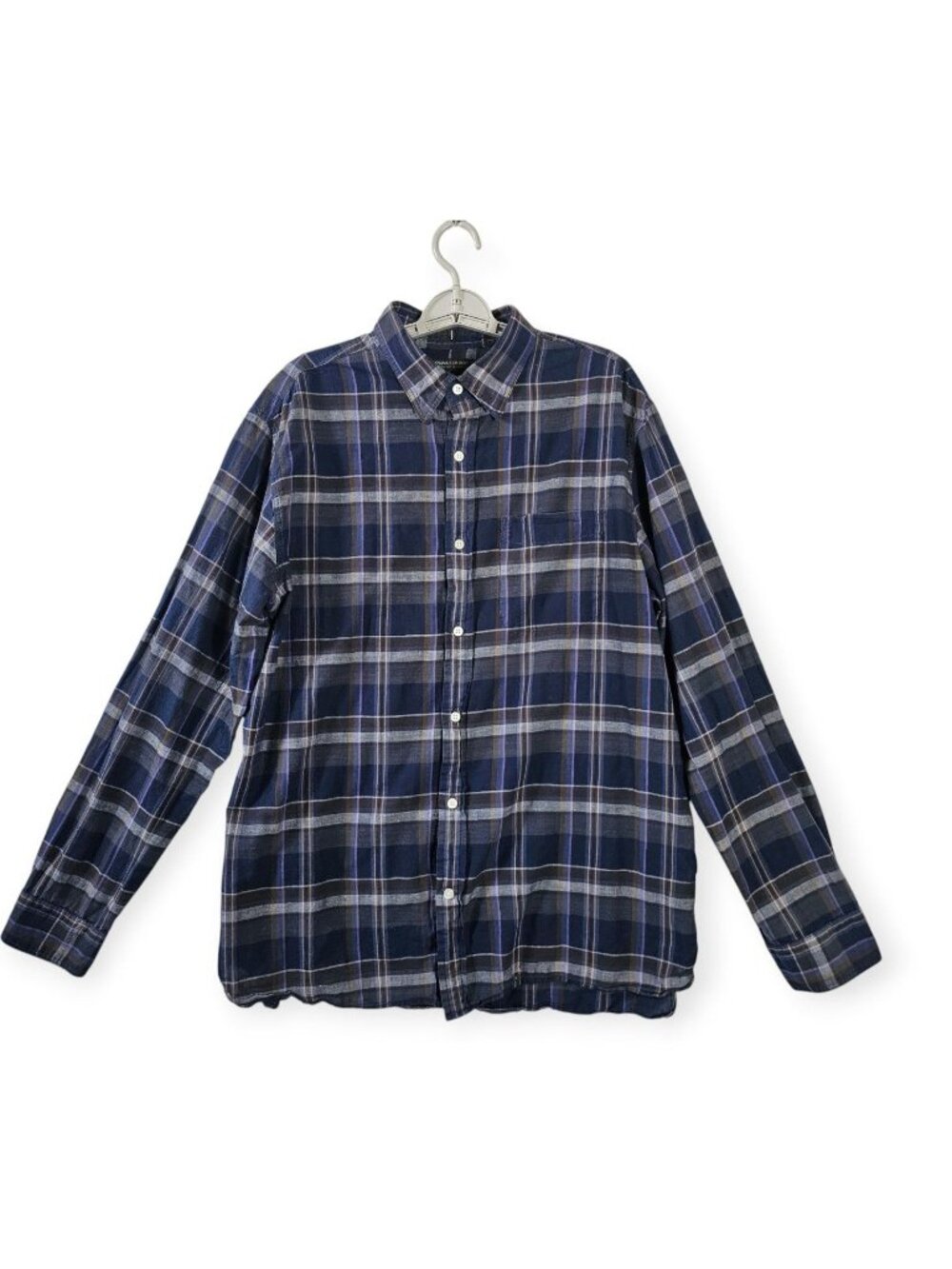 Banana Republic Mens Plaid Shirt XL Tall Navy Blue Cotton Linen Untucked